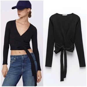 NWT ZARA | Cropped Tied Ribbed Top Black